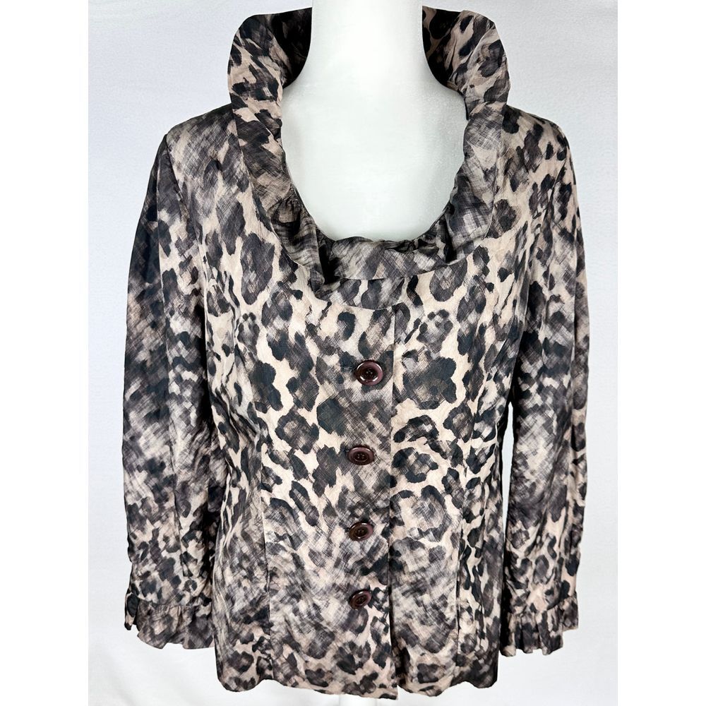 Vintage Elliott Lauren Jacket Button Up Stand Up Collar Size 12 Leopard Print